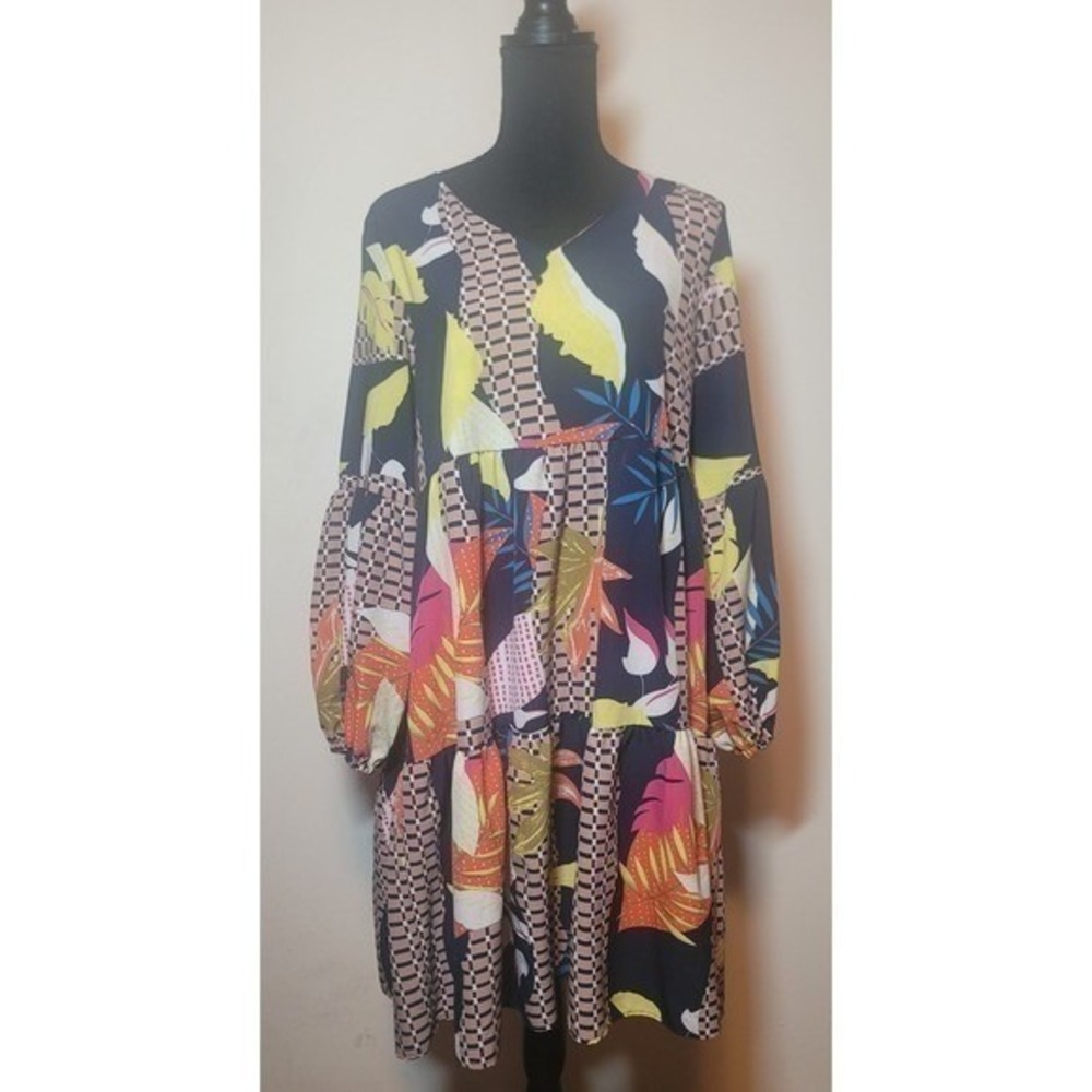 Boho Patchwork Mini Dress Large Tiered Bell Sleeve V-Neck - Picture 2 of 5